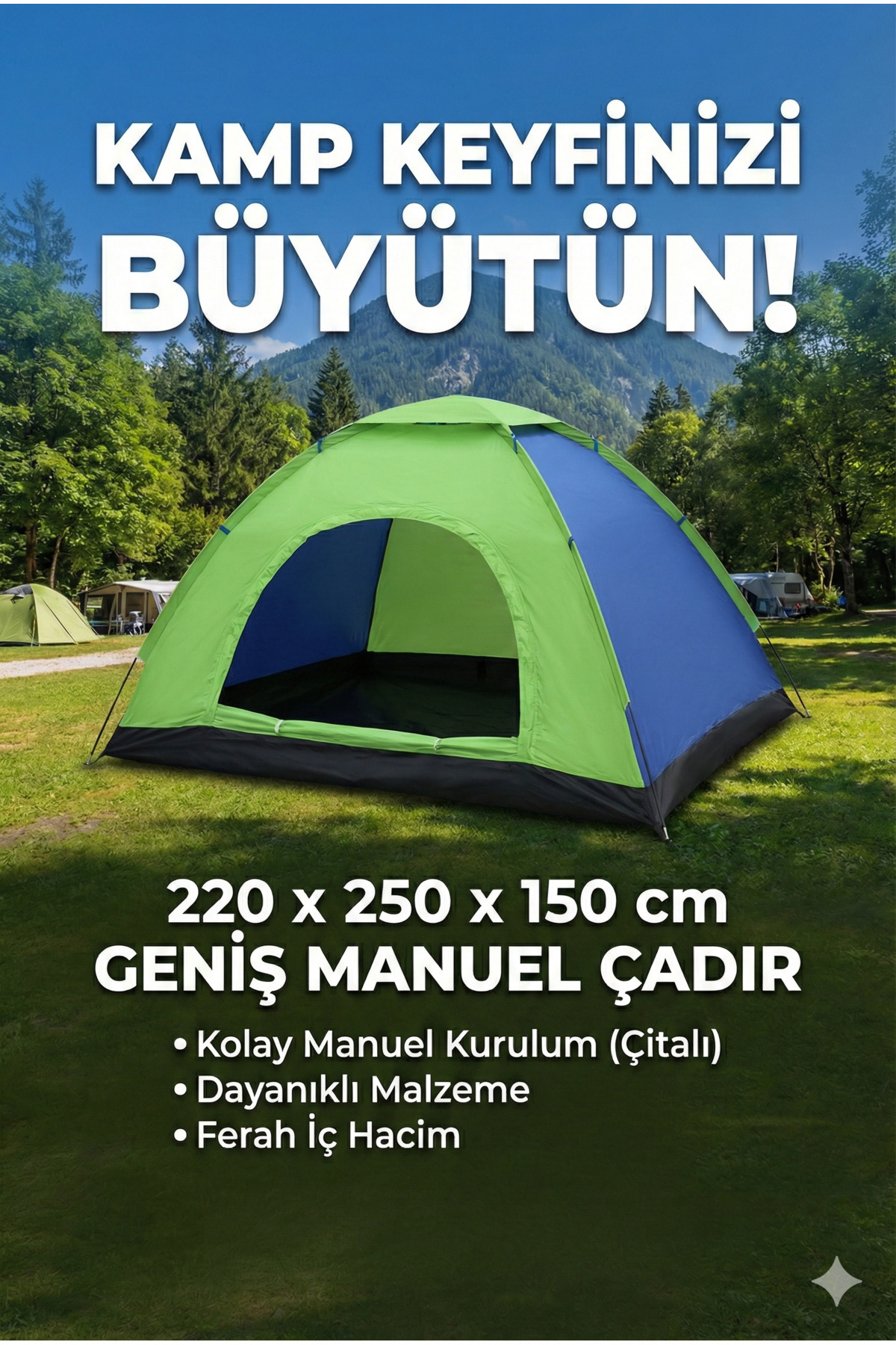 CALIBURN 6 Kişilik Kamp Çadırı – Su Geçirmez, Manuel Kolay Kurulum, Çantalı, Aile Çadırı (250x220 cm)