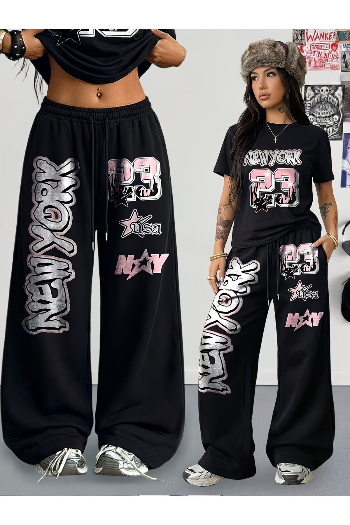 Unisex New York 23 Baskılı Oversize Tshirt ve Baggy Eşofman Altı - Yazlık İkili Eşofman Takımı — مشکی darkopiawearny23