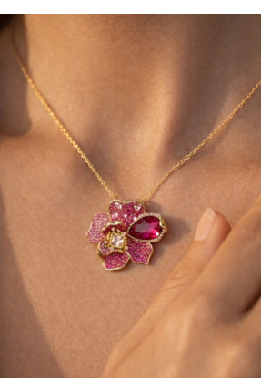 MORVICA Paslanmaz Pembe Çiçek Modelli Gold Çelik Kolye