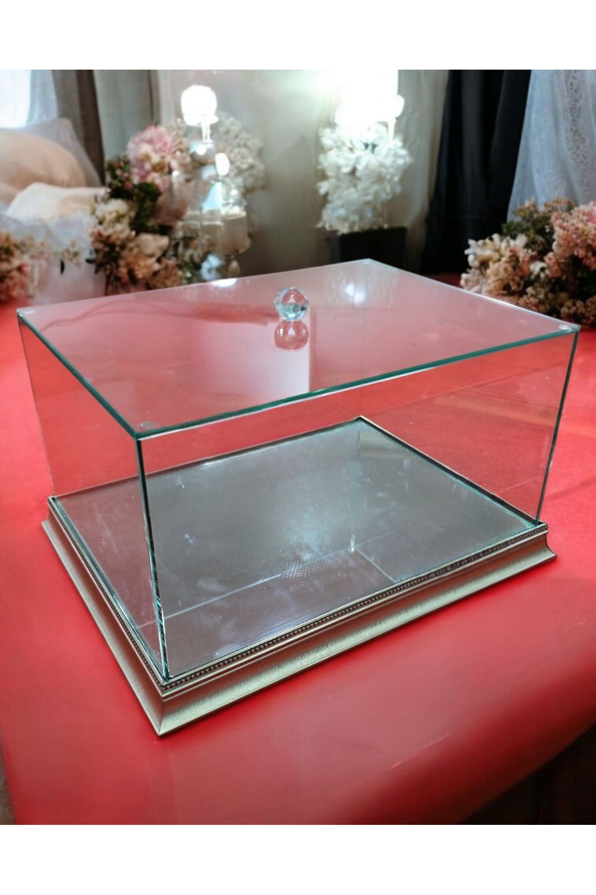 Gümüş Ahşap İşlemeli Cam Çeyiz Kutusu Söz Nişan Gelin Damat Bohça Kutusu Cam Fanus/ 40*30*20