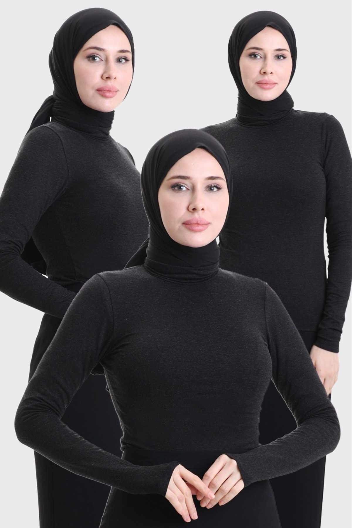 3'lü Siyah Kadın Parmak Detaylı Boğazlı Body - Siyah