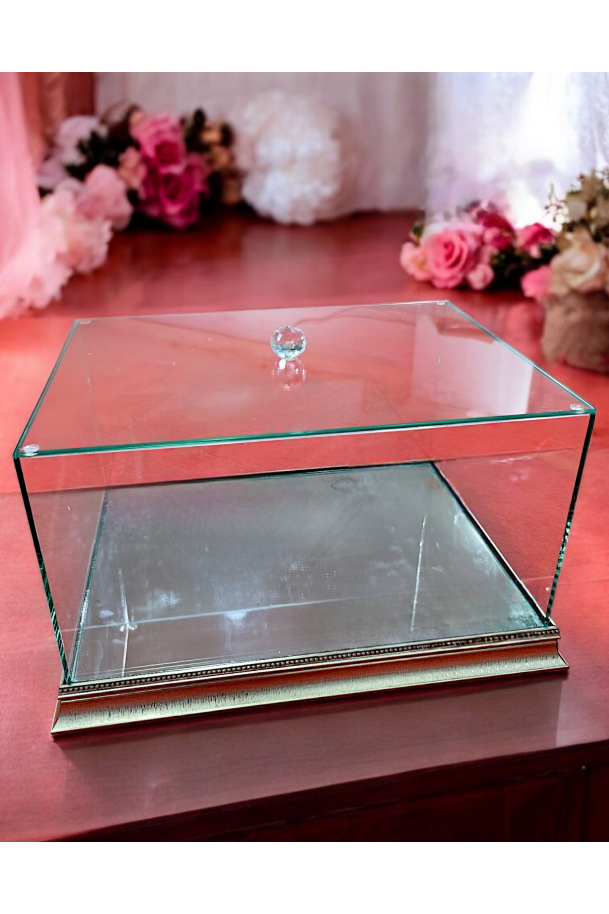 Gümüş Ahşap İşlemeli Cam Çeyiz Kutusu Söz Nişan Gelin Damat Bohça Kutusu Cam Fanus/ 40*30*20