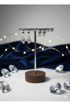 Vidora Jewelry Gümüş Renk Çelik Küpe Seti – 6’lı Tektaş, Halka ve Baget Taşlı...