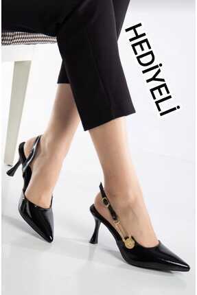 oliviashoes Kadın Sivri Burun Düğmeli Tokalı Siyah Rugan İnce Topuklu Ayakkab...