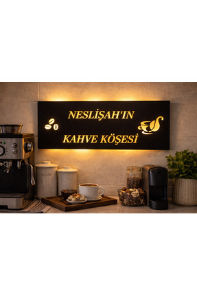 metora İSME ÖZEL SİYAH 4MM MDF LEDLİ KAHVE KÖŞESİ 3 KADEME LEDLİ PİLLİ Dekora...