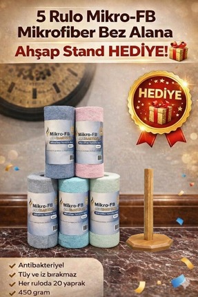 FB Cup Mikro-FB Mikrofiber Rulo Bez 5'li Avantaj Paketi + Ahşap Stand HEDİYELİ!