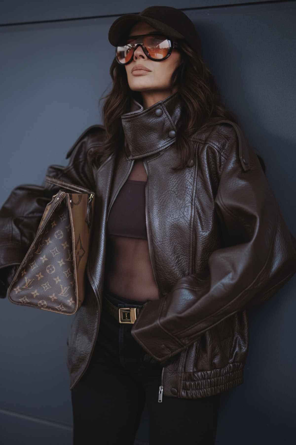 MEECY Γυναικείο δερμάτινο μπουφάν με ψηλό γιακά και φερμουάρ, μοντέλο ZR