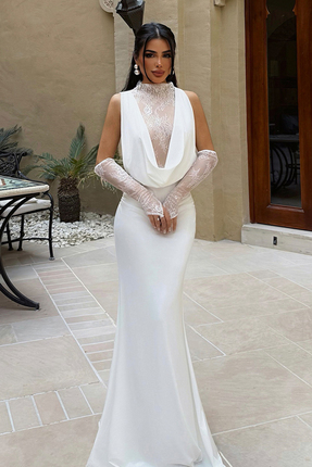 Eyyo Beyaz Palisades Dantel Detaylı Degaje Yaka Eldivenli Uzun Abiye Elbise A...