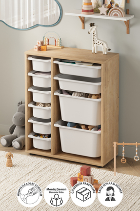 Bofigo 10 Sepetli Dolap Çok Amaçlı Dolap Oyuncak Dolabı Hülya Safir Meşe