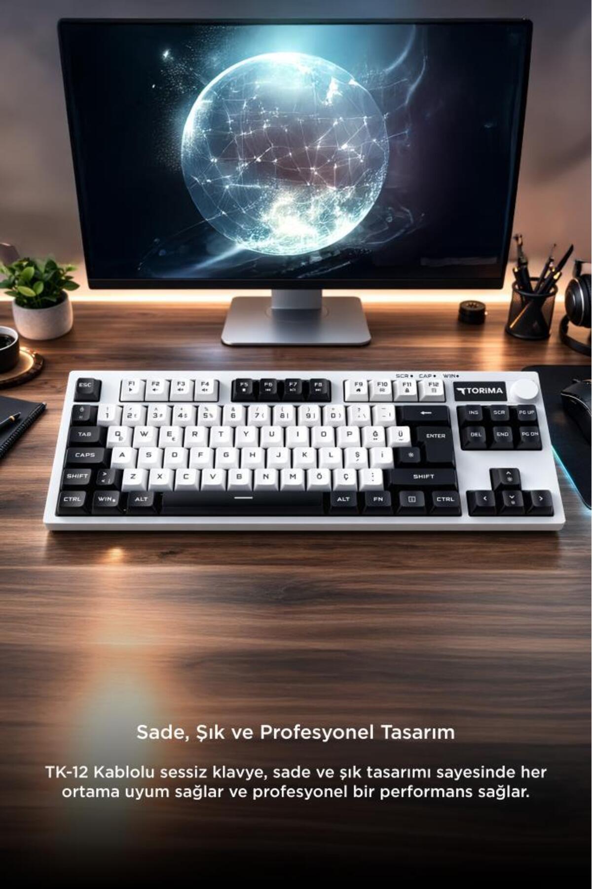 کیبورد کابلی RGB با نور پس‌زمینه و صدای کم Q مدل TK12 سیاه و سفید