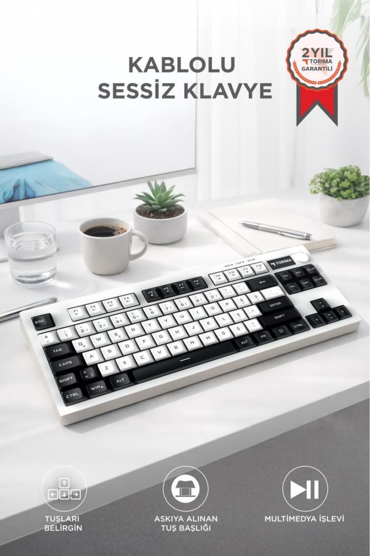 کیبورد کابلی RGB با نور پس‌زمینه و صدای کم Q مدل TK12 سیاه و سفید