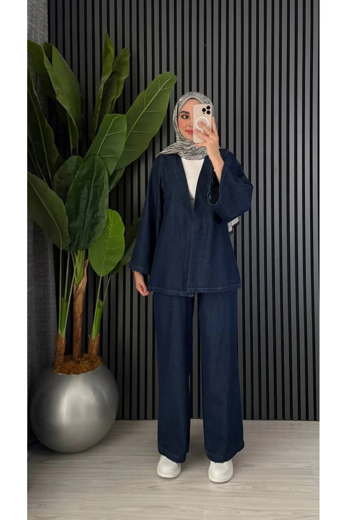 POP STORY  Koyu Lacivert Denim İkili Takım Kemer Detaylı – Oversize Ceket Bol Paça Rahat Pantolon - Görsel 6
