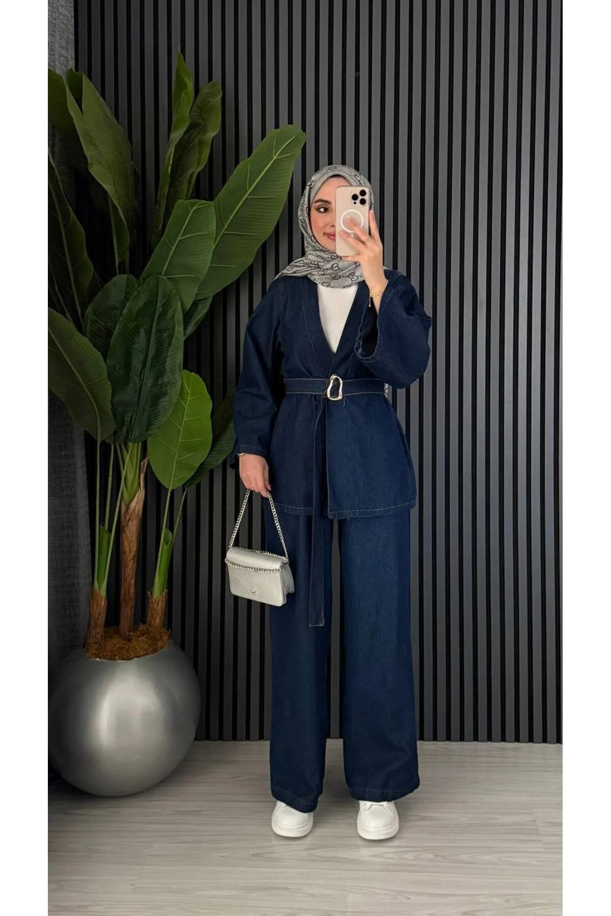 POP STORY  Koyu Lacivert Denim İkili Takım Kemer Detaylı – Oversize Ceket Bol Paça Rahat Pantolon