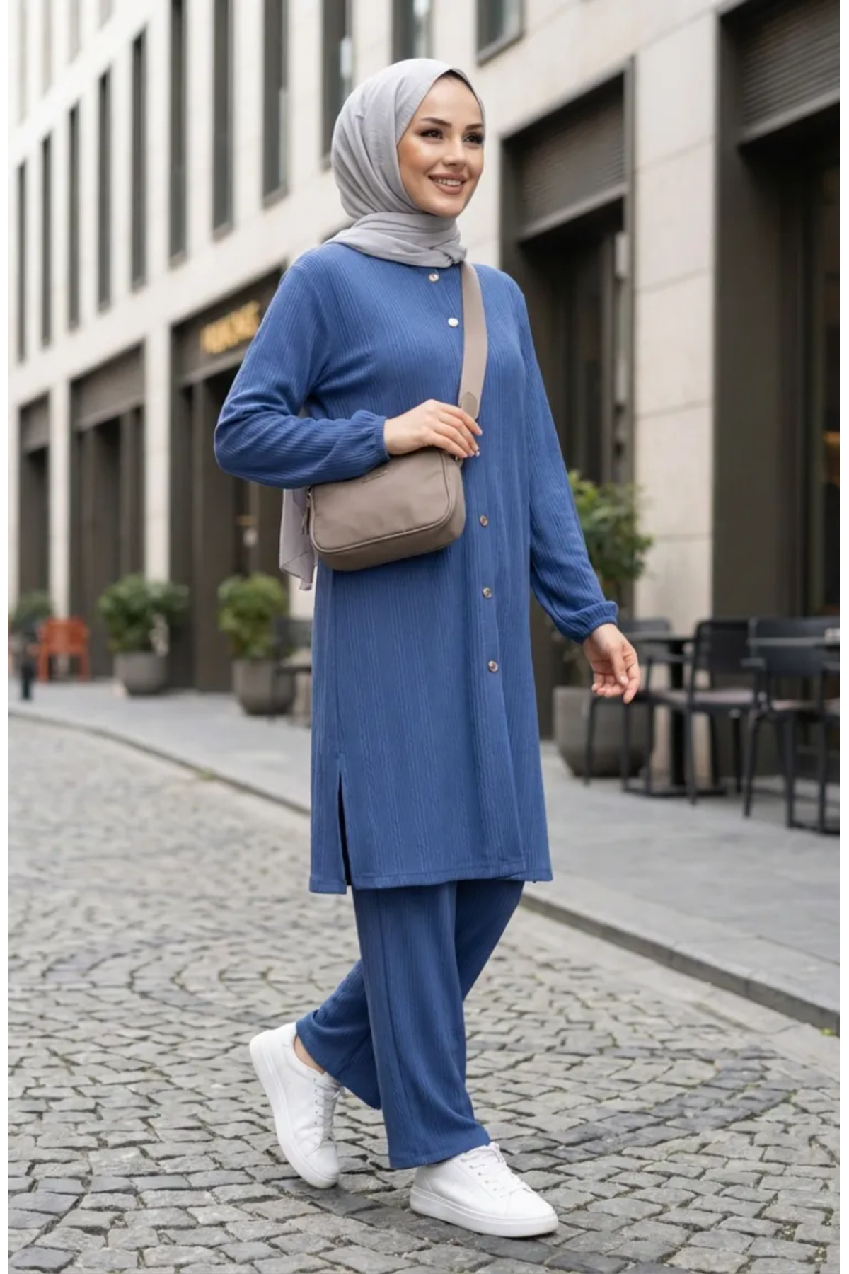 sefamerve Buttoned Hijab Double Set 2232-02 Indigo
