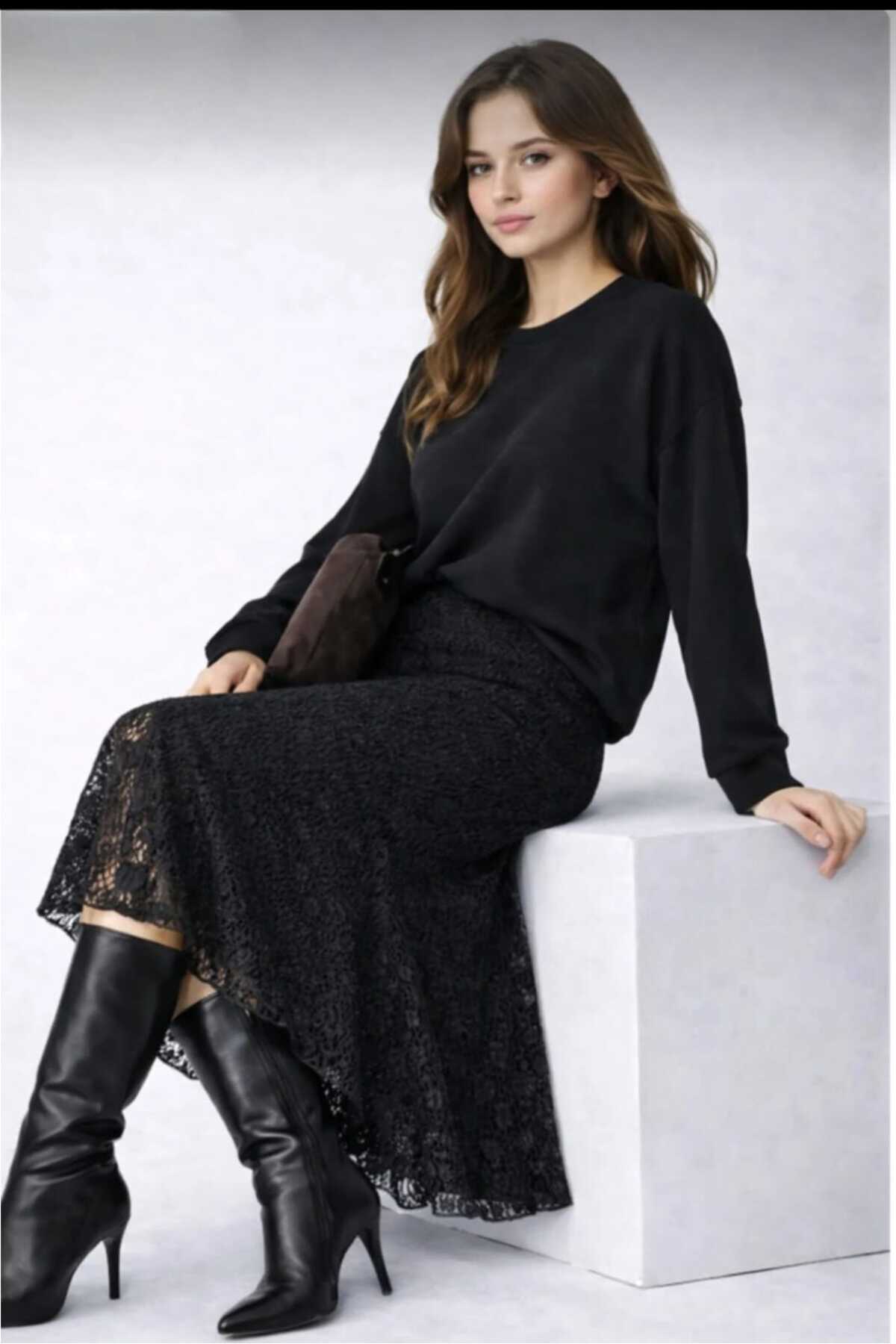 greymoda  Dantel yüksek bel lastikli rahat etek - Görsel 3