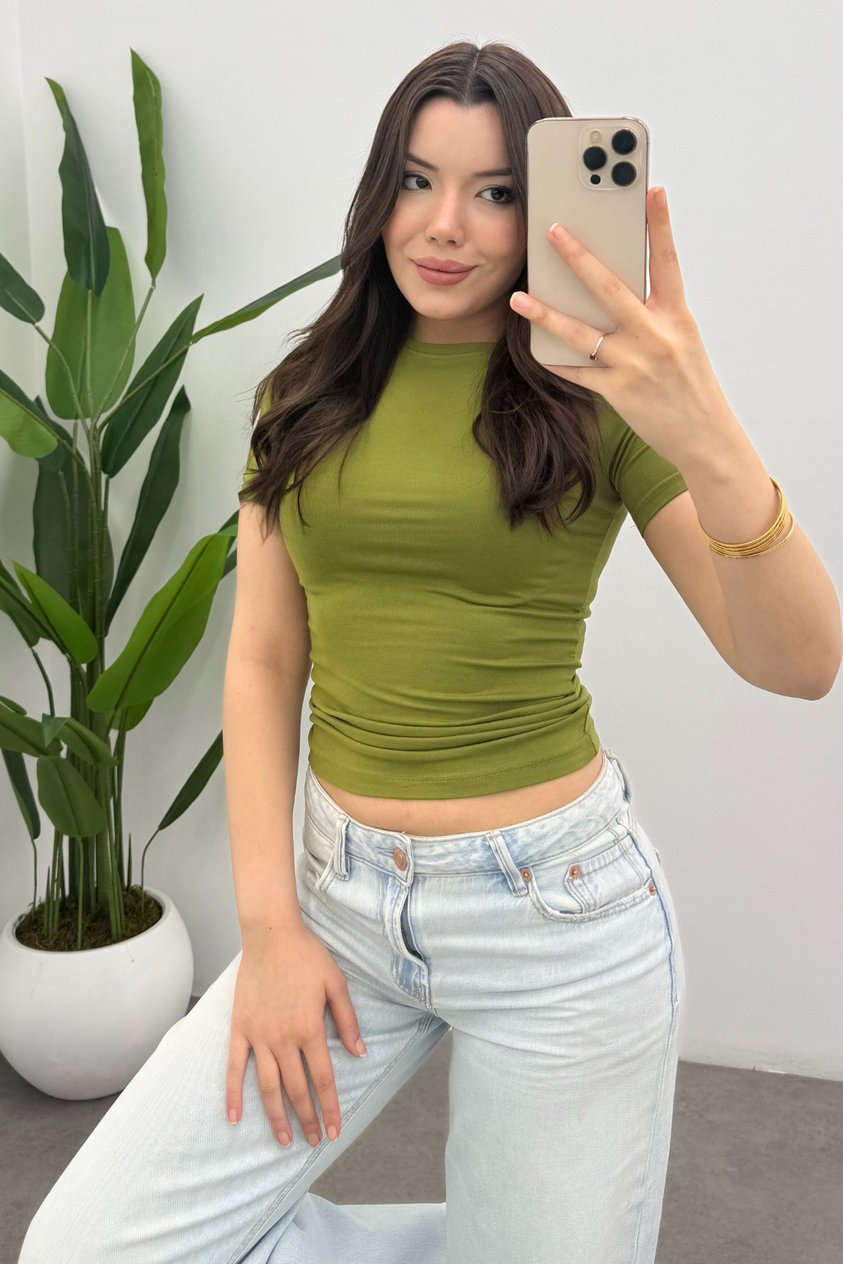 Bipantolon  Kadın Yağ Yeşili Bisiklet Yaka Kısa Kol Bluz - Görsel 2