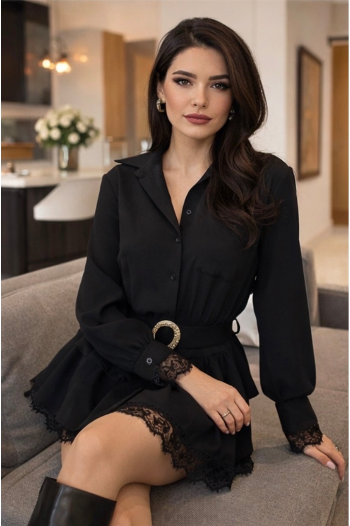 Fashionbox  gömlek yaka dantel toka detaylı kemerli mini elbise 26113 - Görsel 7