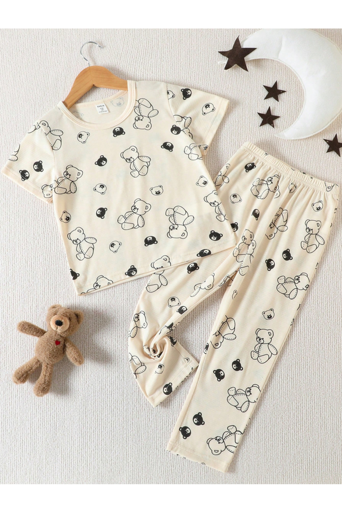 Take Two By Styli Girls Beige Teddy Bear Print T-Shirt and Pyjama Set