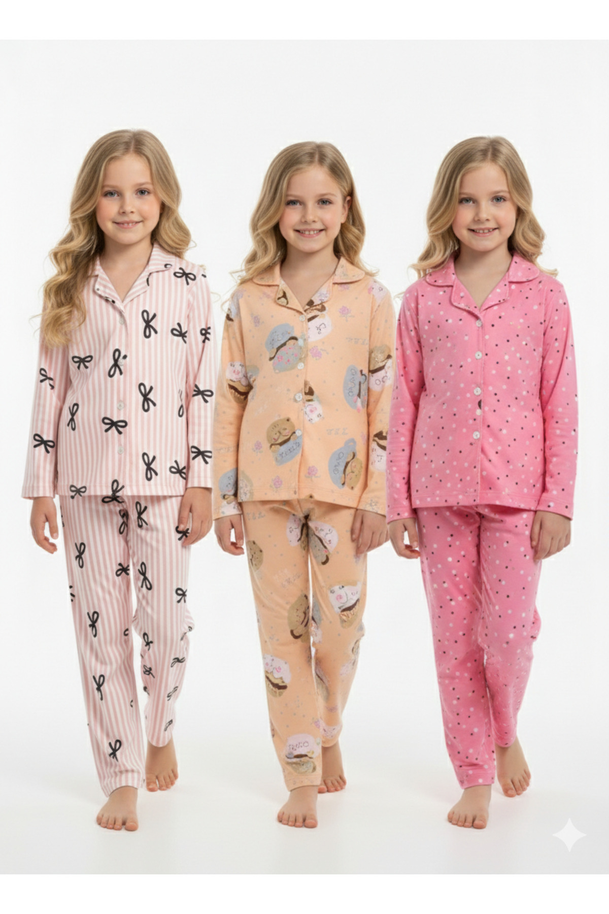 DANBİ Kız Çocuk 4,5,6,7,8,9,10,11 Yaş Mevsimlik Pijama Takımı 3'lü Set fotoğrafı 2 (önizleme)