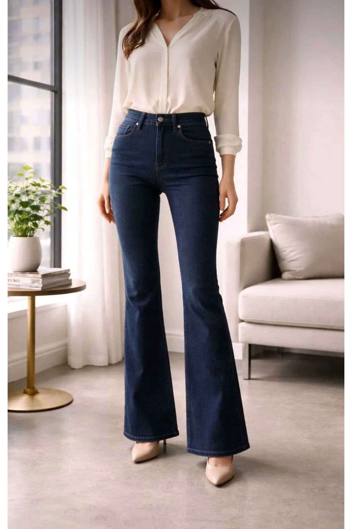 ON KLEEM  kadın lacivert ıspanyol paca Flare Jeans Kot Pantolonu Yüksek Bel Koyu Mavi - Görsel 4