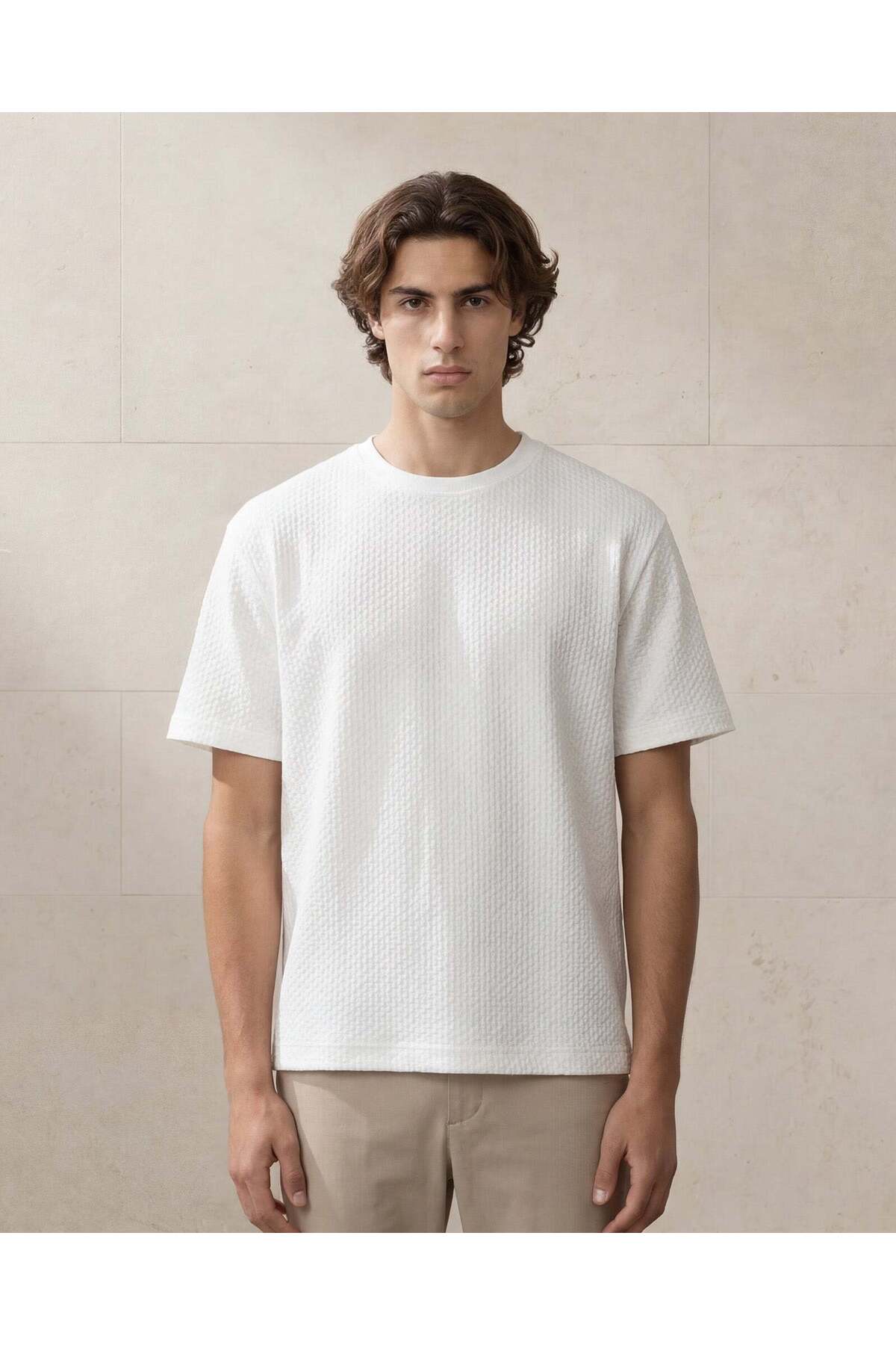 REDTAG Men Ivory Jacquard Lounge T Shirt