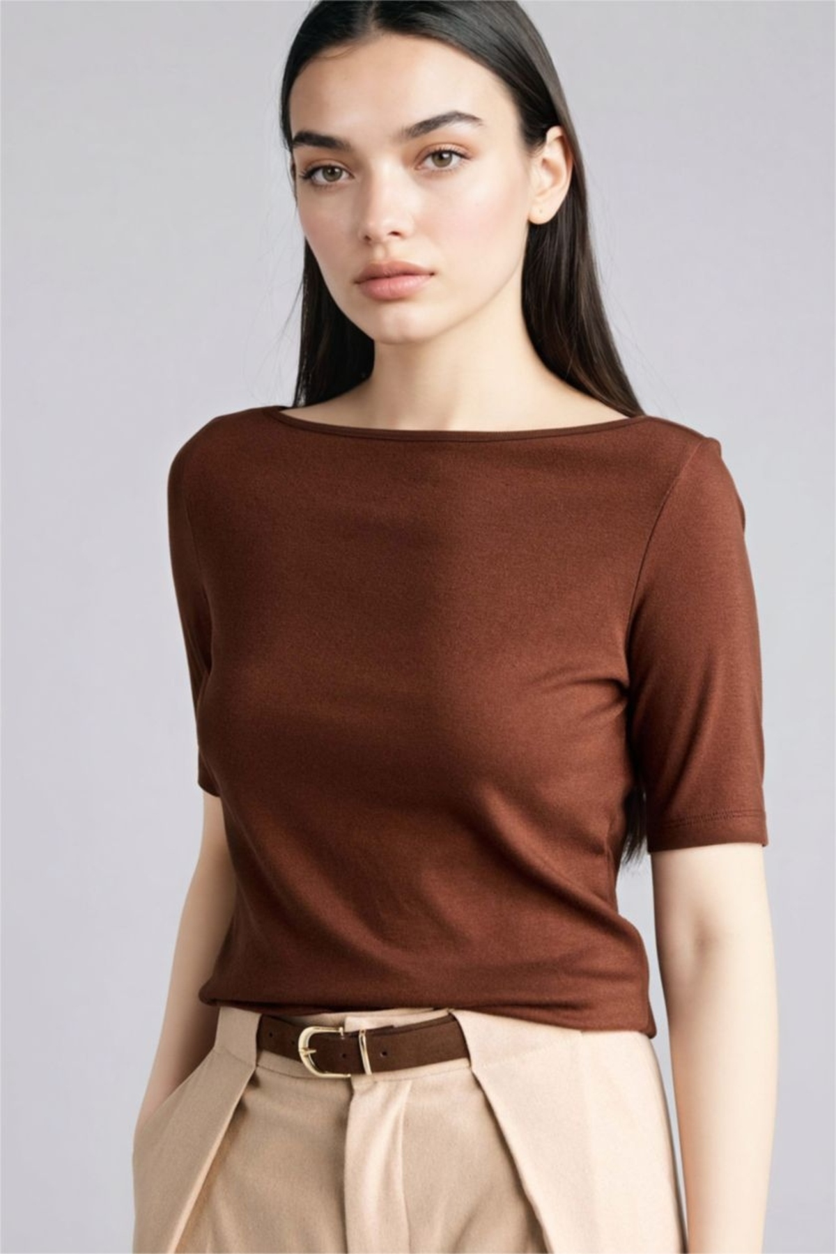 DeFacto Kadın T-shirt G9547AX/BN320 BROWN görsel 5