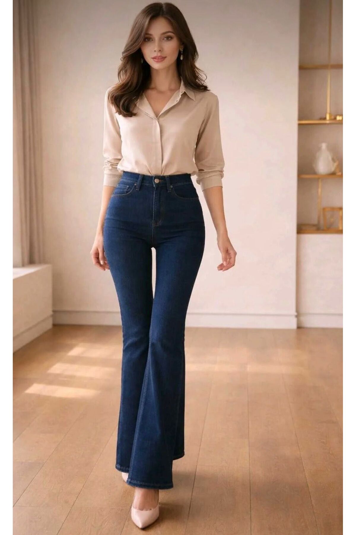 ON KLEEM  kadın lacivert ıspanyol paca Flare Jeans Kot Pantolonu Yüksek Bel Koyu Mavi - Görsel 5