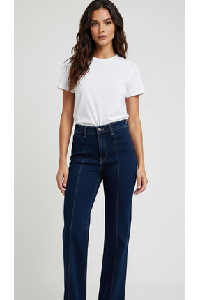 Rose Pileli likralı cepsiz lacivert kadın kot pantolon
