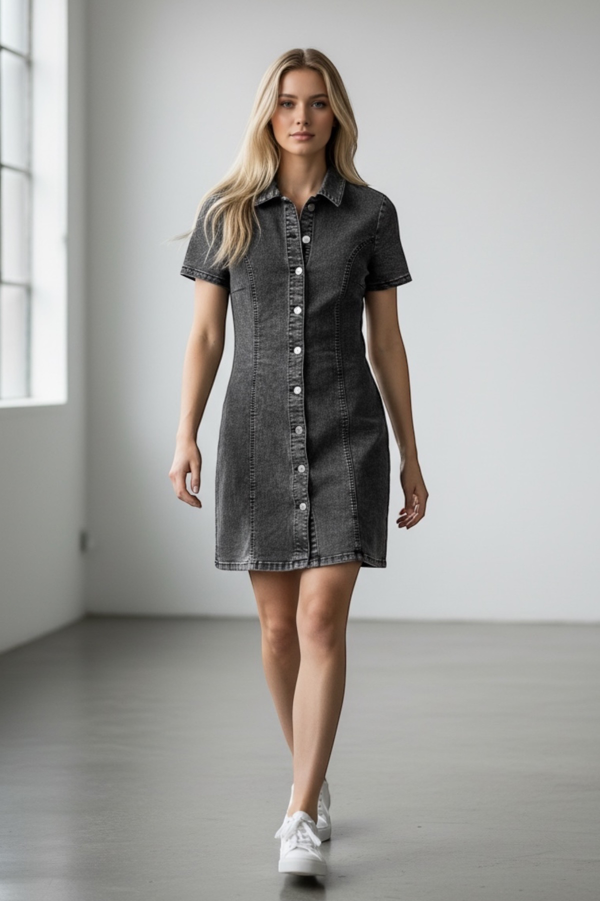 Trend Alaçatı Stili  Kadın Antrasit Önü Düğmeli Mini Jean Elbise Alc-X15410