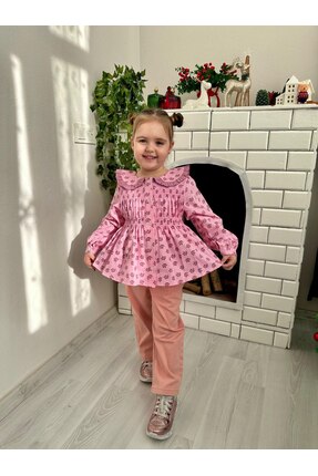 SİELA ÇOCUK Kız Çocuk Pembe Çiçekli Gömlek Ve Gabardin Pantolon Takım