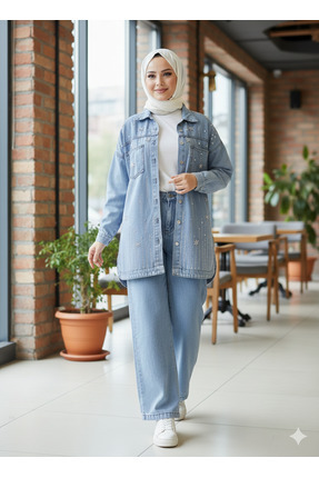 Gülsoy GÜLSOY-YENİ SEZON DENİM KOT TUNİK PANTOLON TAŞLI GÜNLÜK ŞIK ALT ÜST TAKIM