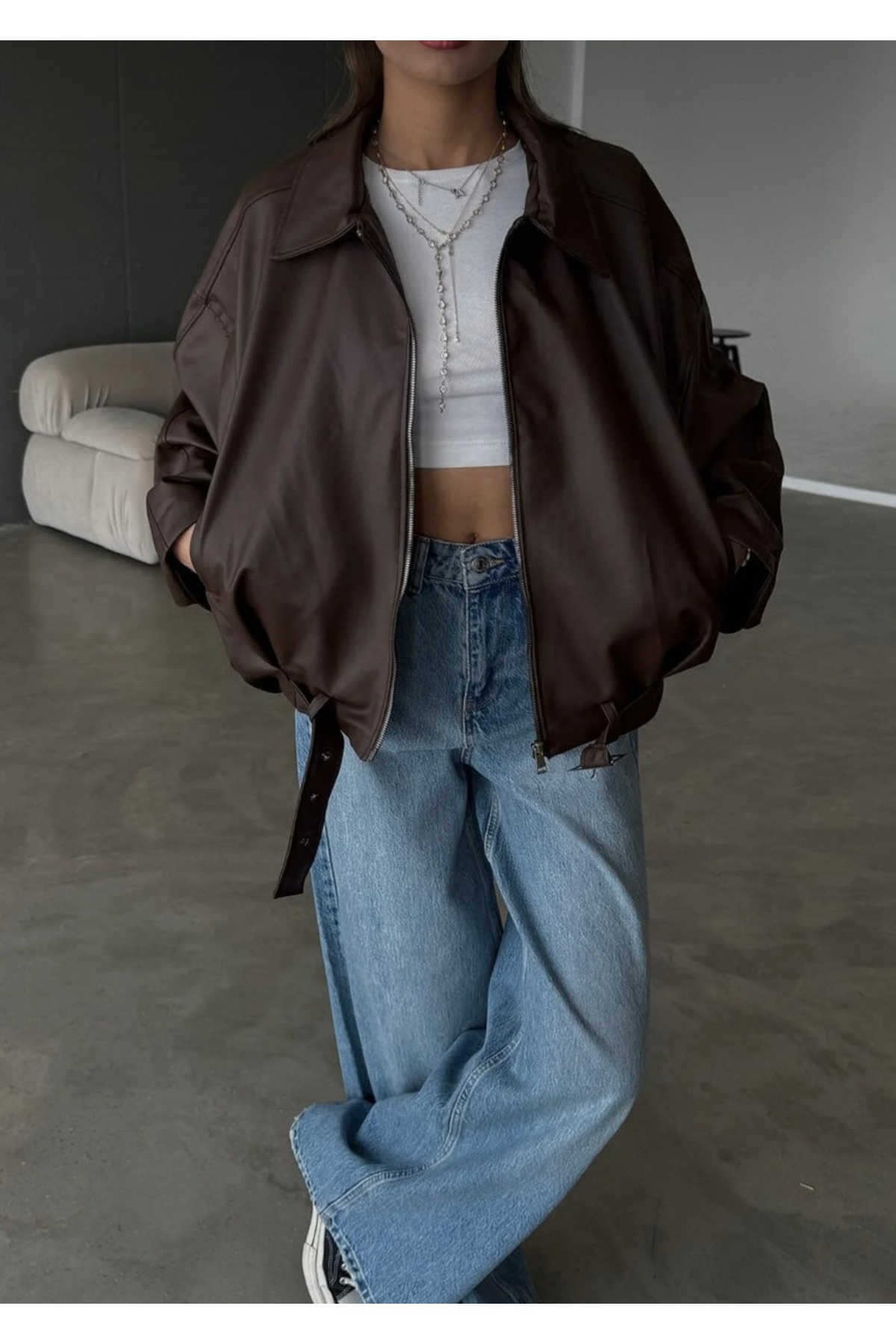 Rowsmen  Kadın Oversize KAHVERENGİ Deri Ceket– Oversize Relax Fit, Fermuarlı Kemer Detaylı Günlük Kadın Ceket - Görsel 4