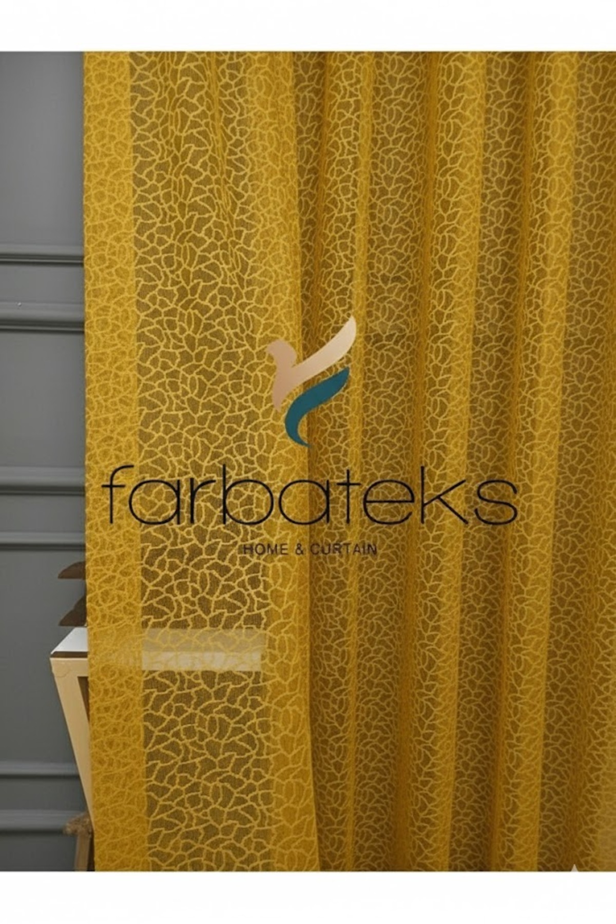 Mustard Dark Yellow Leopard Pattern Knitted Model 2 Layers Pleated Tulle Curtain