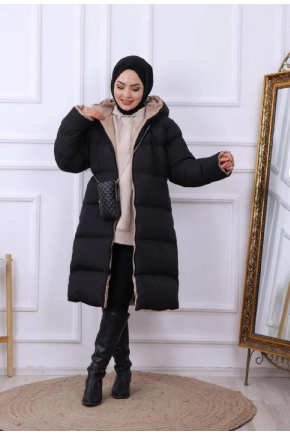 Rowsmen Kadın Çift Taraflı oversize Uzun Şişme Mont görsel 2