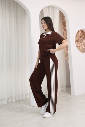 sportiness Şerit Detaylı Polo Yaka Düğmeli Geniş Paça Modal Kumaş Eşofman Takım