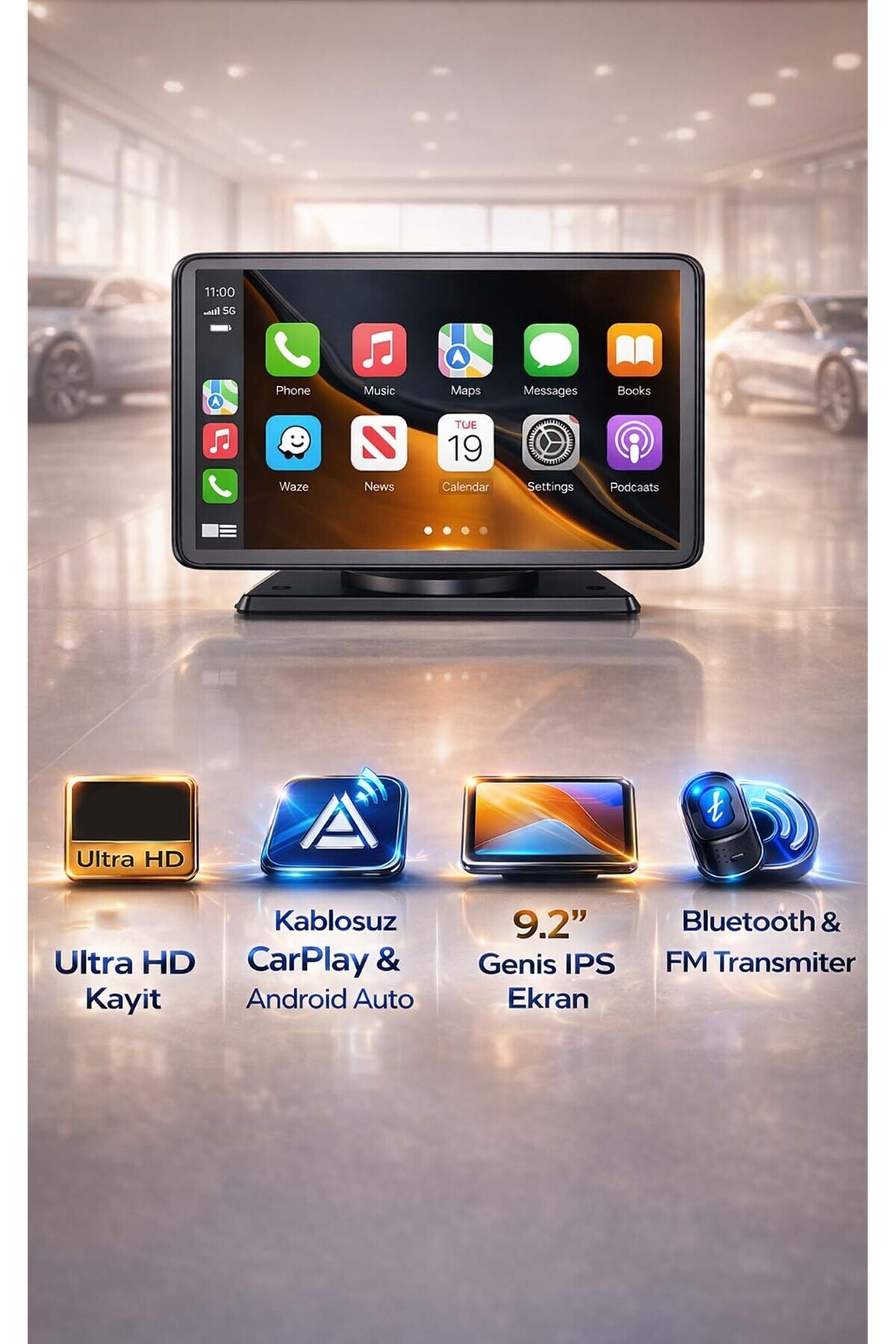 FaroxTech 9.2 inç 4K Taşınabilir Kablosuz CarPlay & Android Auto