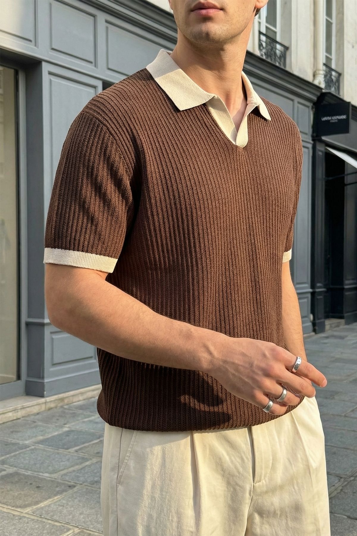 Regular Fit Men's Short Sleeve Knitwear Polo Neck T-Shirt Striped Textured from the Village