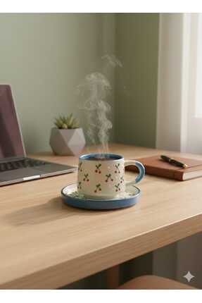 atamergrup Retro Cherry Serisi El Boyaması Seramik Kupa ve Sunum Tabağı - Hed...