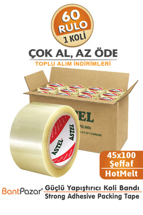 BantPazar 45x100 ASTEL 60 ADET (1 KOLİ) Koli Bandı Şeffaf | Hotmelt Güçlü Yap...