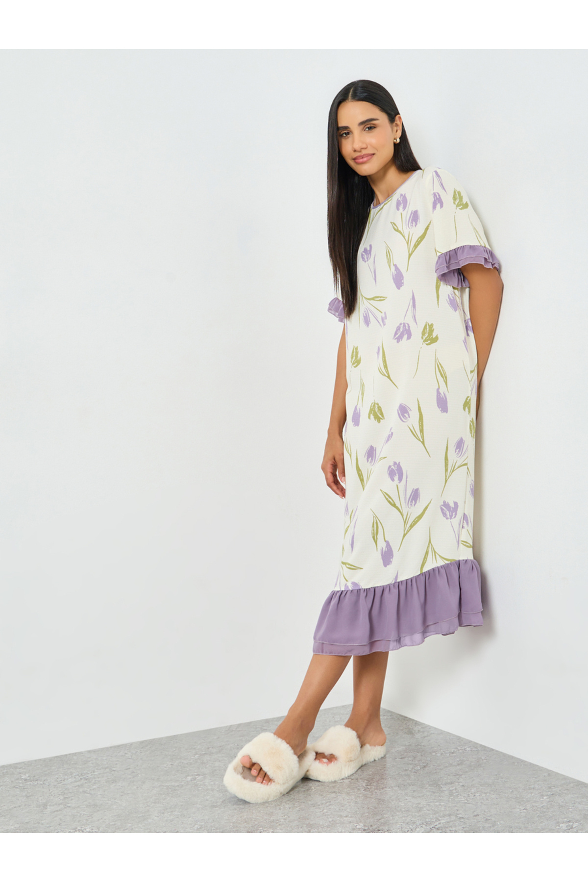 Take Two By Styli Cream Floral Print Ruffle Hem Nightdress