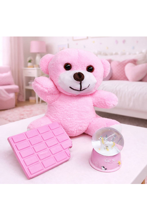 uçaklar group Pembe Peluş Ayıcık Kar Küresi Ve Pembe Çikolata Not Defteri