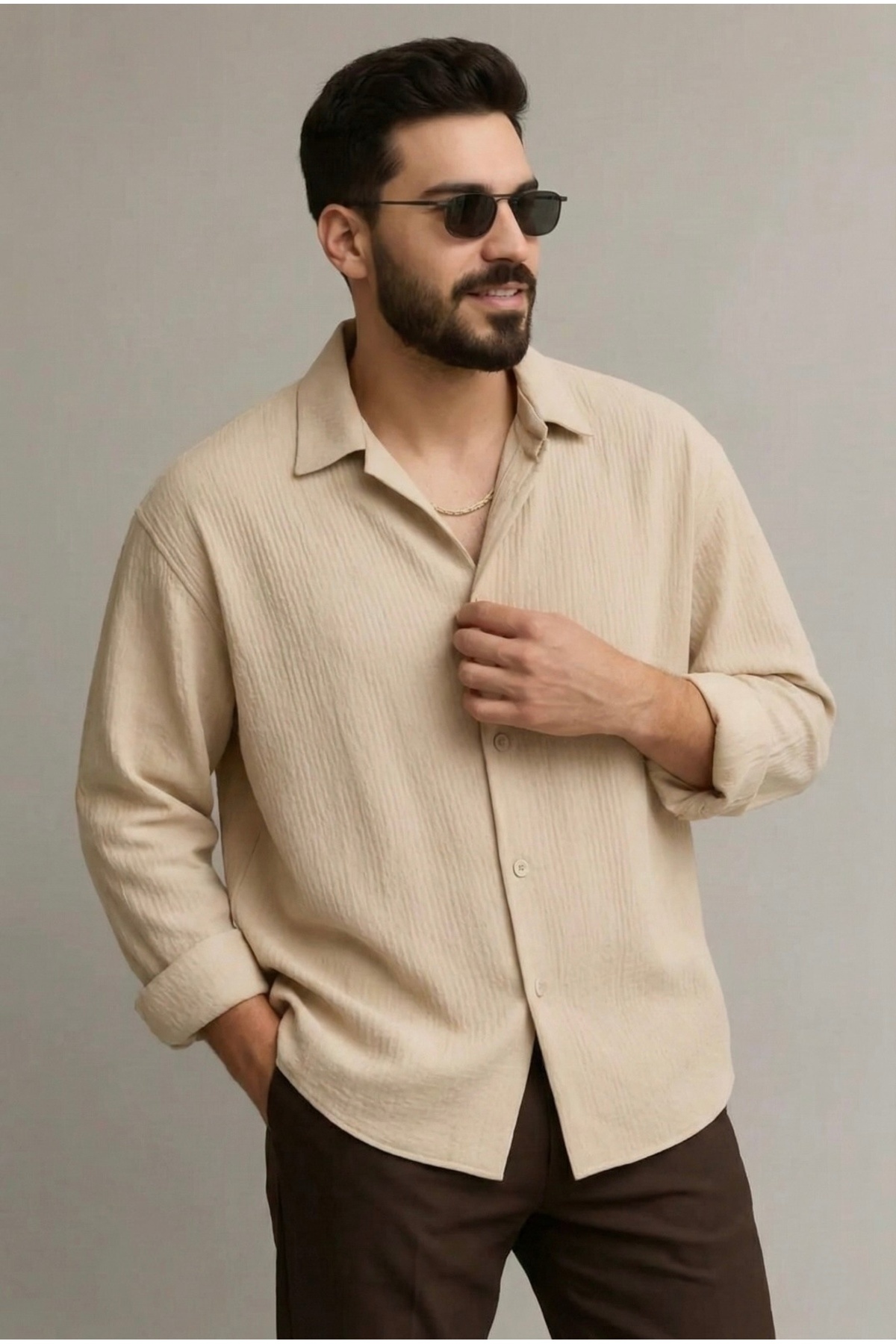 bb butik basic  Ütü gerektirmeyen bürümcük kırınkıl kumaş oversize gömlek BEJ - Görsel 4