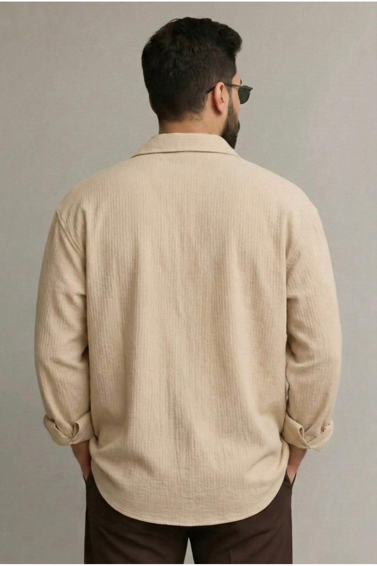 bb butik basic  Ütü gerektirmeyen bürümcük kırınkıl kumaş oversize gömlek BEJ - Görsel 5