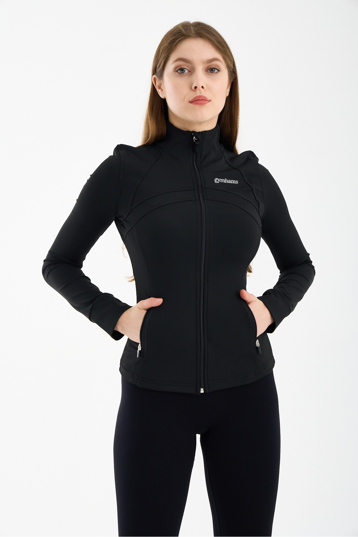gymhams Siyah Kadın Premium Spor Ceket, Uzun Kollu, Fermuarlı, Yoga Pilates Fitness Koşu Antrenman Üstü görsel 3