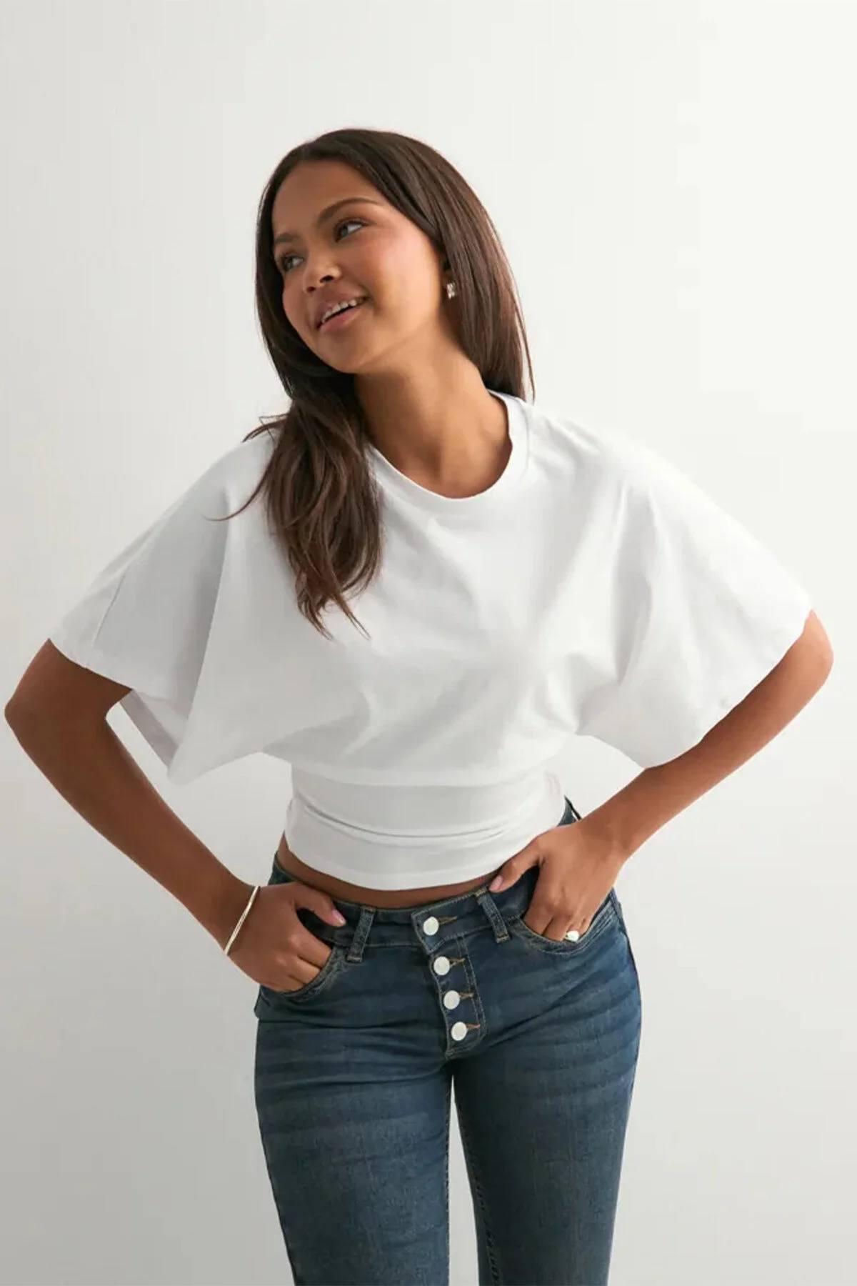 khar  Kadın Crop Bluz-Belden Oturtmalı Oversize Yarasa Kol Günlük ve Şık Tasarım - Görsel 2