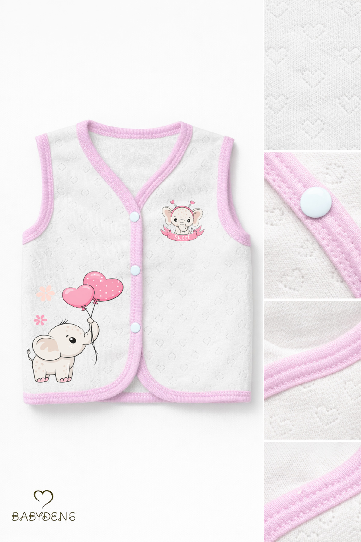 BABYDEN'S Kız Bebek 3’lü Yelek Seti Kalp Jakar Desenli Fil Baskılı Çıtçıtlı Yelek Yenidoğan Mevsimlik Yelek fotoğrafı 7 (önizleme)