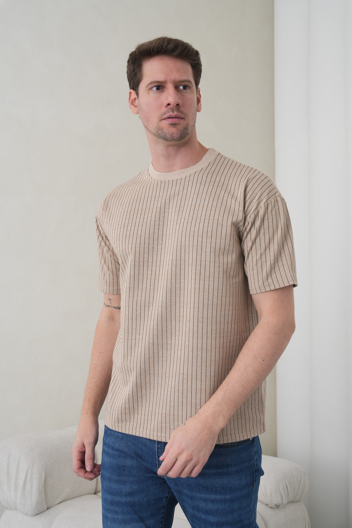 Daniel Men's Vertical Striped Casual Cut Crew Neck Beige T-Shirt