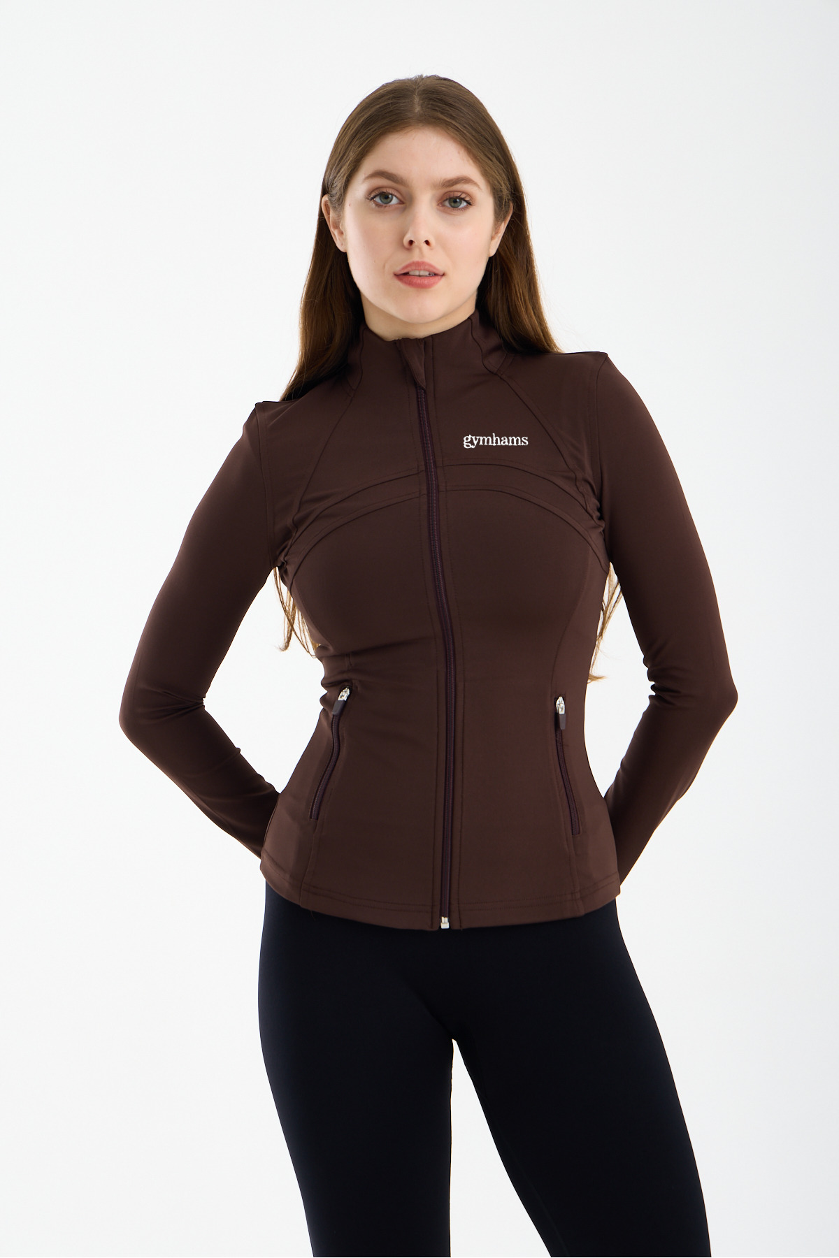 gymhams Kahve Kadın Premium Spor Ceket, Uzun Kollu, Fermuarlı, Yoga Pilates Fitness Koşu Antrenman Üstü görsel 6