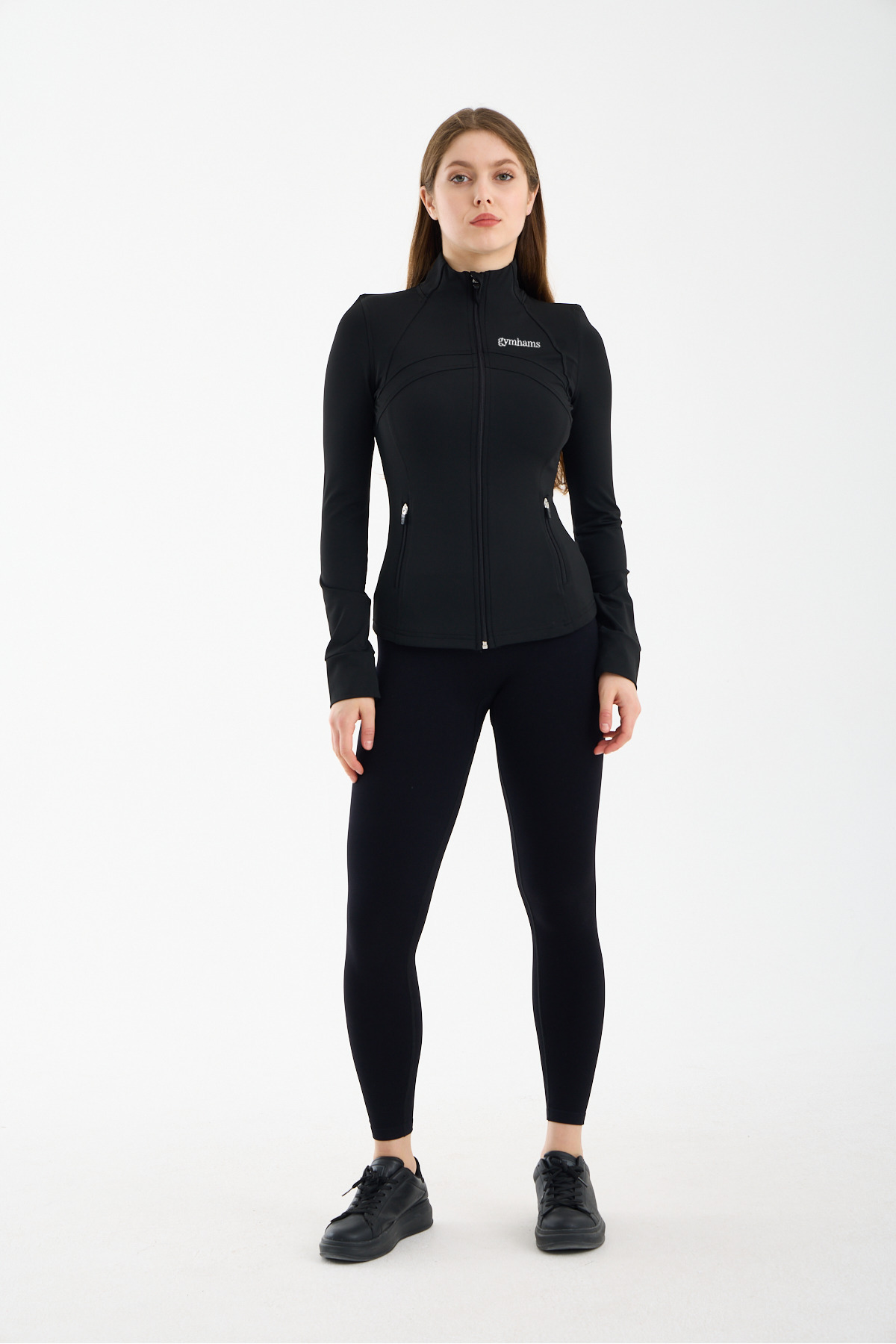gymhams Siyah Kadın Premium Spor Ceket, Uzun Kollu, Fermuarlı, Yoga Pilates Fitness Koşu Antrenman Üstü görsel 4