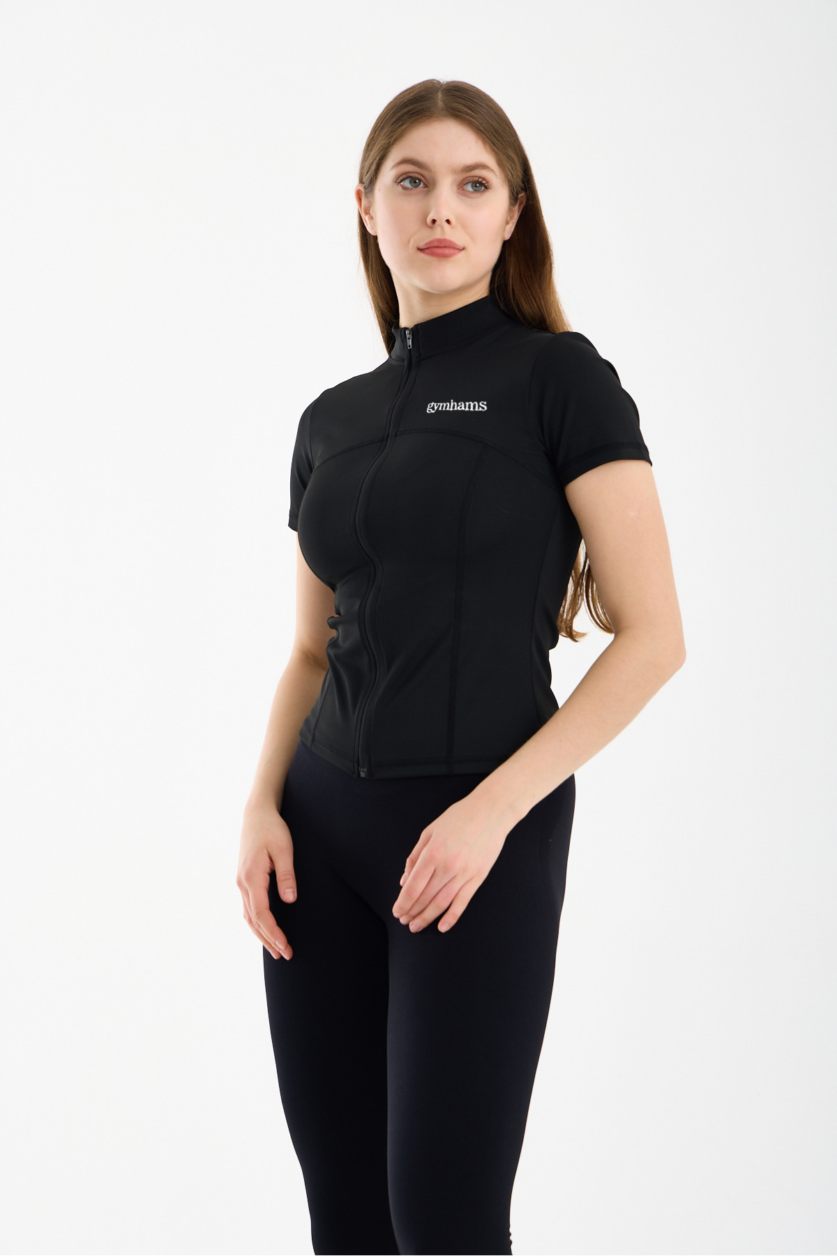 gymhams Siyah Kadın Premium Spor Ceket, Kısa Kollu, Fermuarlı, Yoga Pilates Fitness Koşu Antrenman Üstü görsel 4